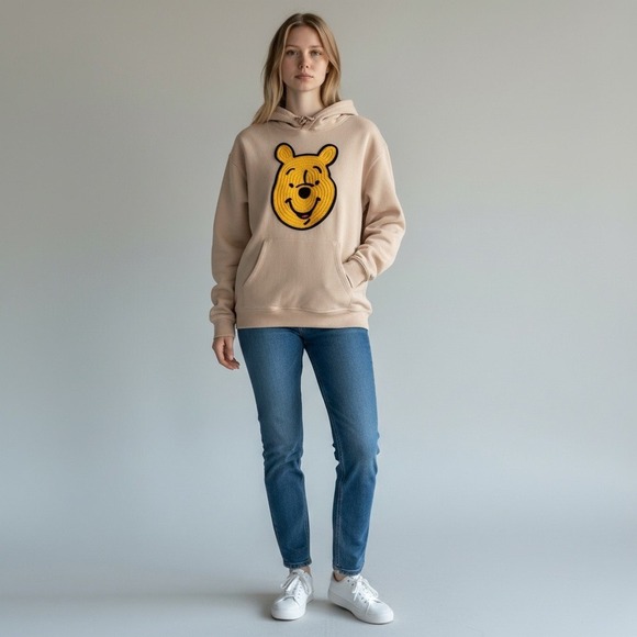 Disney Winnie the Pooh Hoodie Tan Crochet Patch Face Size Large - Picture 2 of 13